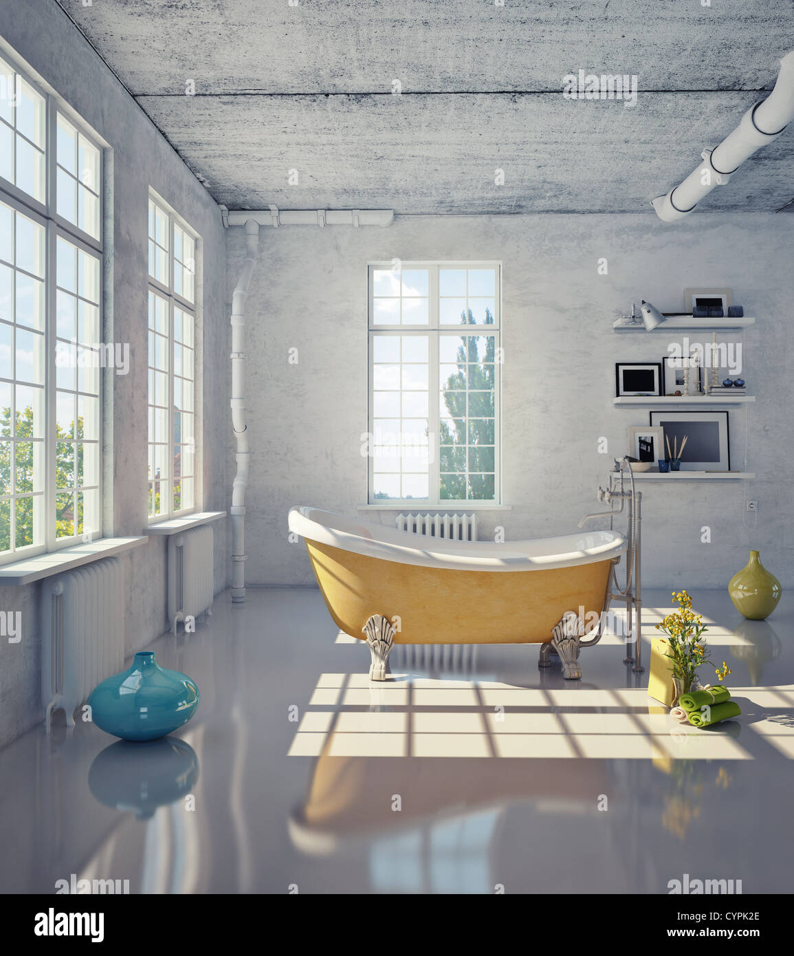 Vasca da bagno in soppalco interno (illustrazione) Foto Stock