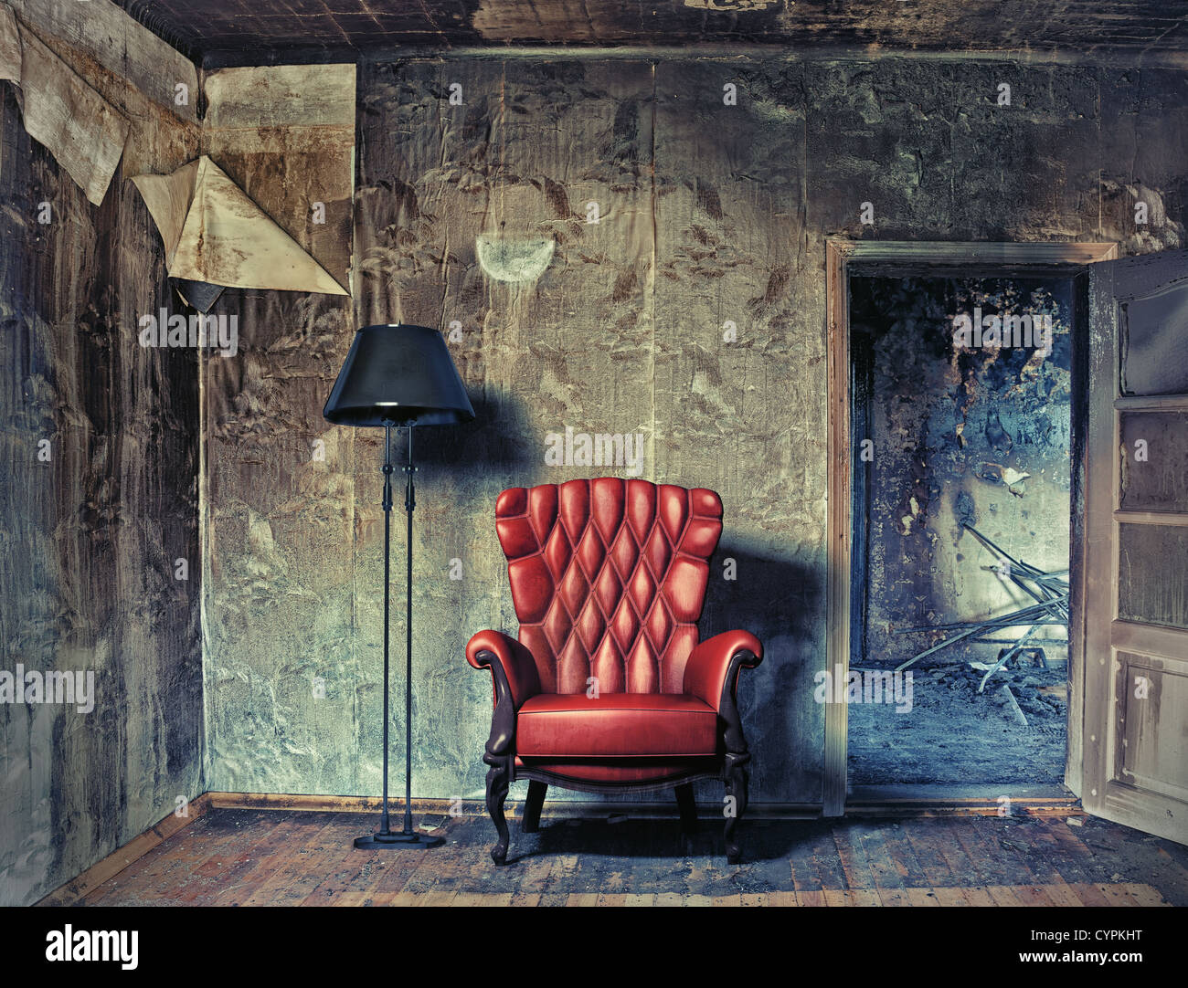 Poltrona di lusso in grunge interno (foto compilazione. Foto e mano-disegno elementi combinati). Foto Stock
