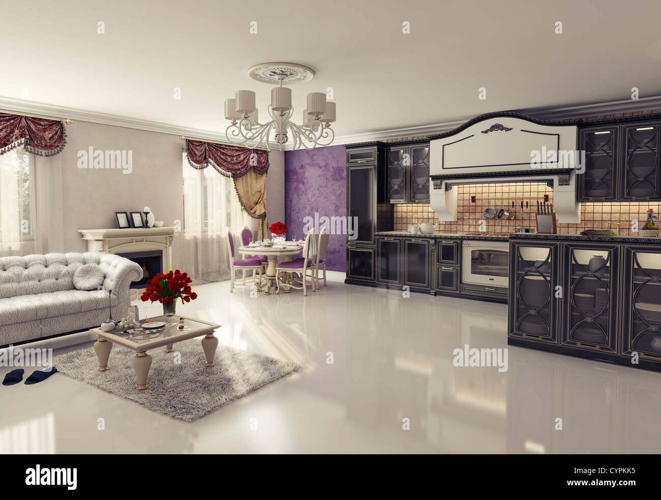 Cucina di lusso interno in stile classico (3D rendering) Foto Stock