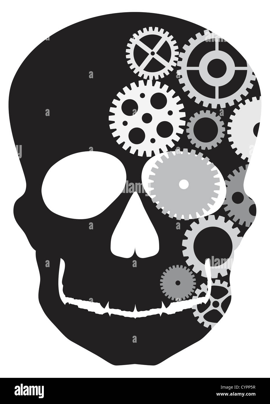 La parte anteriore rivolta verso il cranio Silhouette con gli ingranaggi meccanici illustrazione isolati su sfondo bianco Foto Stock