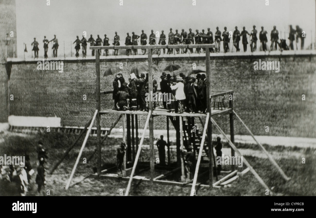 Impiccagione di quattro persone condannate di Abraham Lincoln assassinio di cospirazione, Arsenal prigione, Washington, DC, Stati Uniti d'America, 7 Luglio 1865 Foto Stock