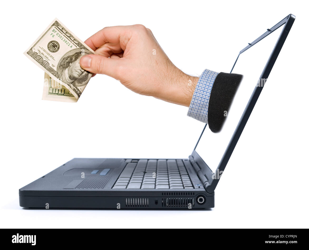 Una mano con un dollaro da viene visualizzato lo schermo del laptop. Foto Stock