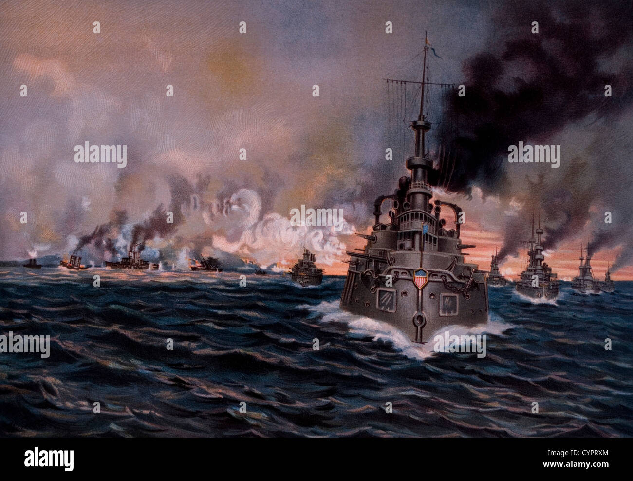 Battaglia navale di Santiago Bay, Cuba, tra la Spagna e gli Stati Uniti durante la guerra ispano-americana, 1898 Foto Stock