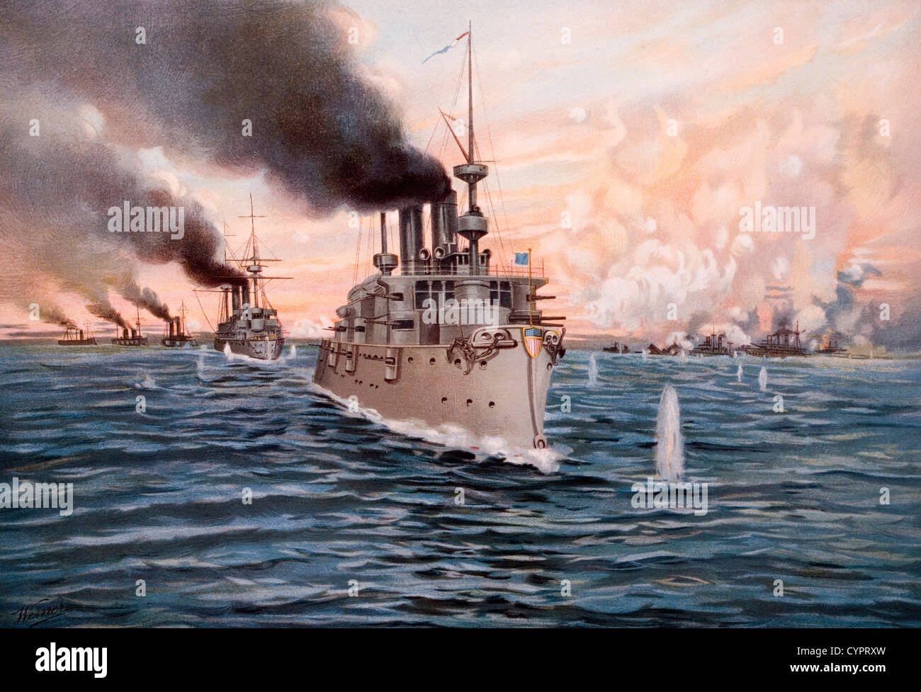 La Battaglia navale della Baia di Manila, Filippine, tra Stati Uniti e Spagna, primo grande impegno della guerra ispano-americana, 1898 Foto Stock