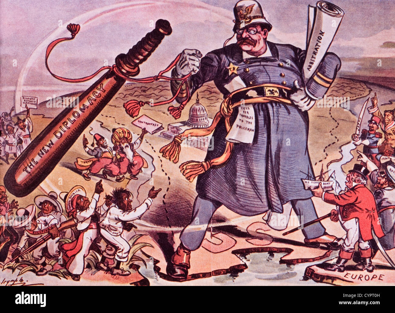 Il presidente statunitense Theodore Roosevelt è di nuovo la diplomazia, 'Speak dolcemente e trasportare un grosso bastone', Puck Cartoon politico, 1901 Foto Stock