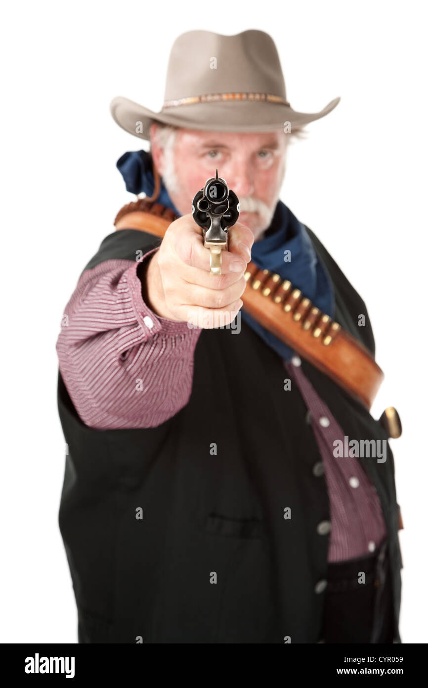 Chubby cowboy con pistola su sfondo bianco Foto Stock
