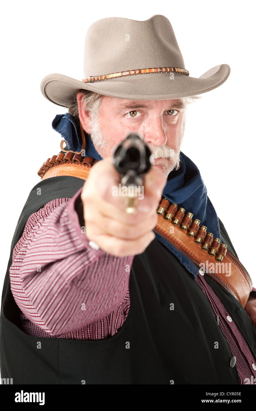 Chubby cowboy con pistola su sfondo bianco Foto Stock