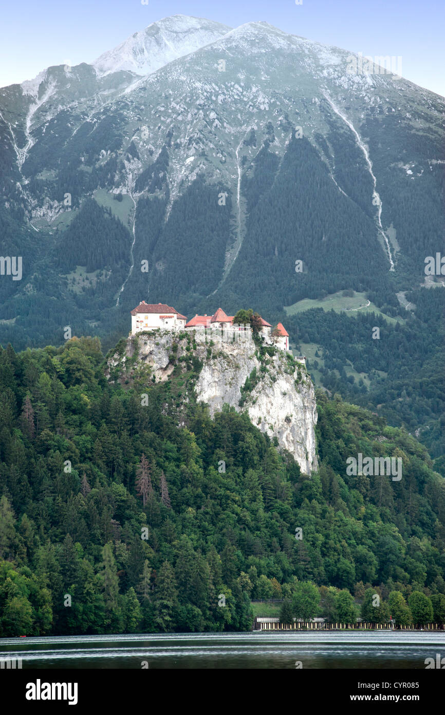 Il castello di Bled su un promontorio roccioso che si affaccia sul lago di Bled nelle Alpi Giulie nel nord ovest della Slovenia. Foto Stock