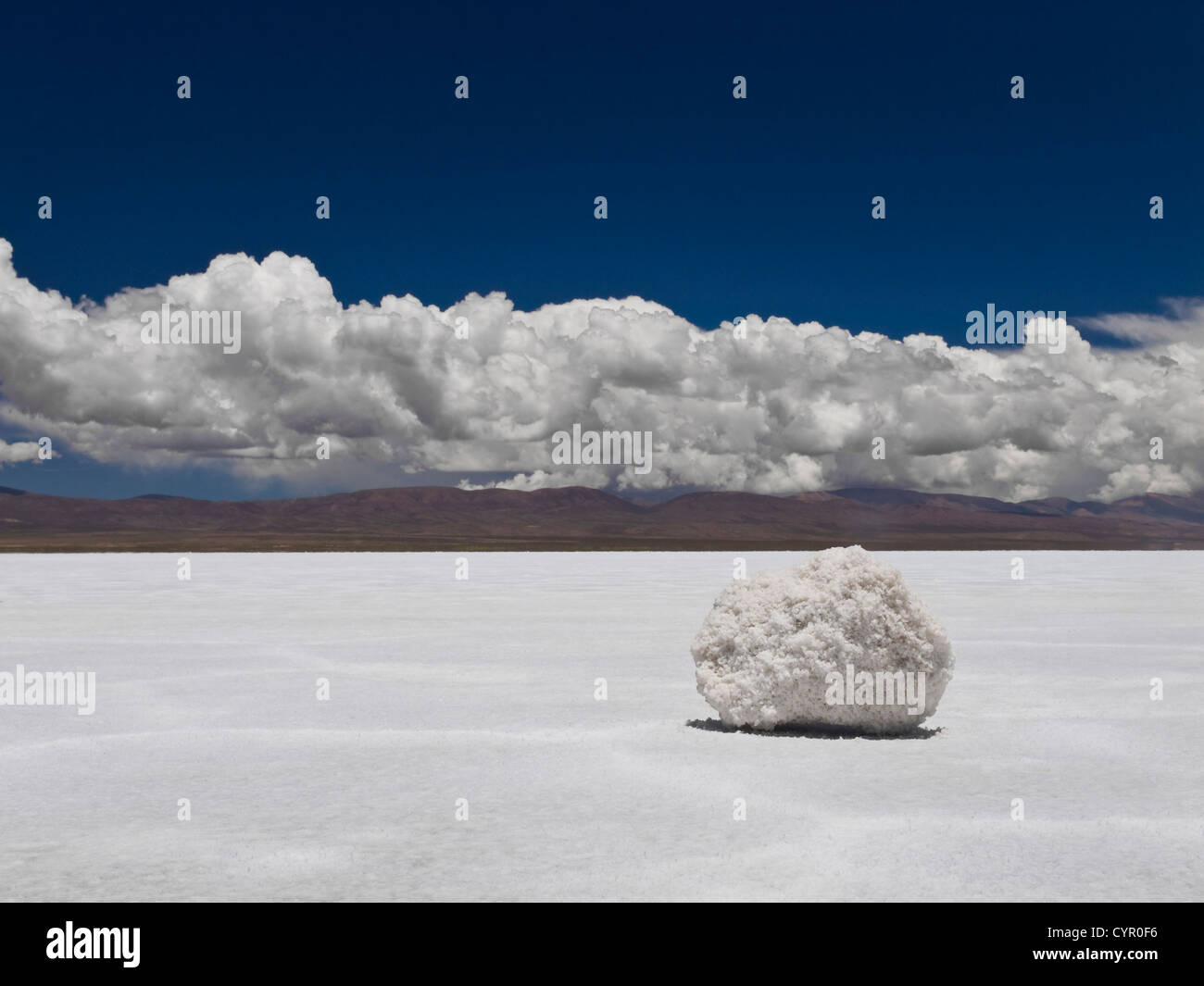 Un sale rock seduto su un enorme campo di sale. Le montagne sullo sfondo. Foto Stock