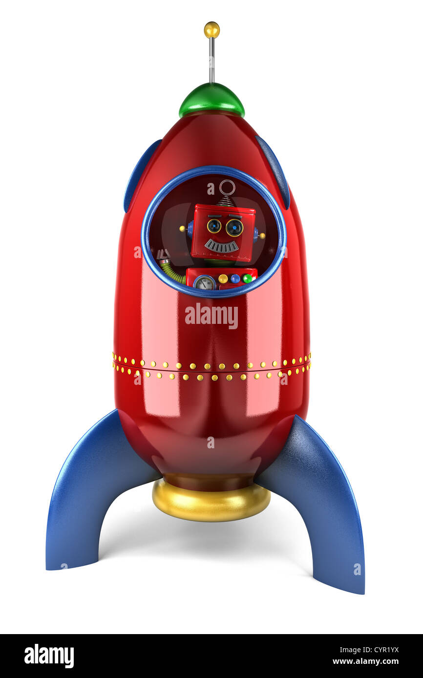 Felice annata robot giocattolo sventolando dall'interno di un razzo giocattolo Foto Stock