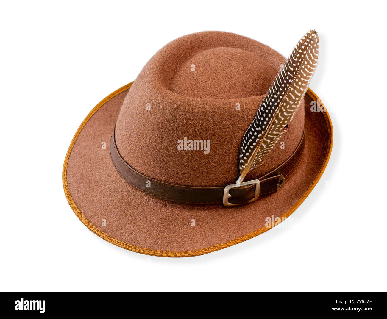 Nice brown Bowler cappello con piuma su di esso Foto Stock