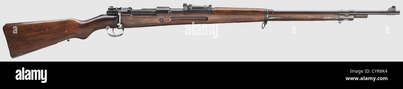 Wehrmanngewehr Mauser per addestramento militare, circa 1935,8.15 x 46 R cal, no 120448. Numeri corrispondenti. Foro speculare. Cinque scatti. Segno di prova: Crown/'BUGN'. Scala della vista 100 - 175 - 300, altezza e deviazione regolabili. Grande barile di Mauser sul ricevitore, indirizzo dell'azienda sulla sinistra 'Moser-Werke A. G. Oberndorf a/N'. Finitura lucida completa originale. Noce verniciato scuro. Nessun perno di pulizia. Raro oggetto da collezione! Quasi vicino alla menta. Lunghezza 125 cm. Erwerbsscheinpflichtig,storico,storico,anni trenta,XX secolo,arma di ordnance,servizio wea,diritti-aggiuntivi-clearences-non disponibile Foto Stock Wehrmanngewehr Mauser per addestramento militare, circa 1935,8.15 x 46 R cal, no 120448. Numeri corrispondenti. Foro speculare. Cinque scatti. Segno di prova: Crown/'BUGN'. Scala della vista 100 - 175 - 300, altezza e deviazione regolabili. Grande barile di Mauser sul ricevitore, indirizzo dell'azienda sulla sinistra 'Moser-Werke A. G. Oberndorf a/N'. Finitura lucida completa originale. Noce verniciato scuro. Nessun perno di pulizia. Raro oggetto da collezione! Quasi vicino alla menta. Lunghezza 125 cm. Erwerbsscheinpflichtig,storico,storico,anni trenta,XX secolo,arma di ordnance,servizio wea,diritti-aggiuntivi-clearences-non disponibile Foto Stock