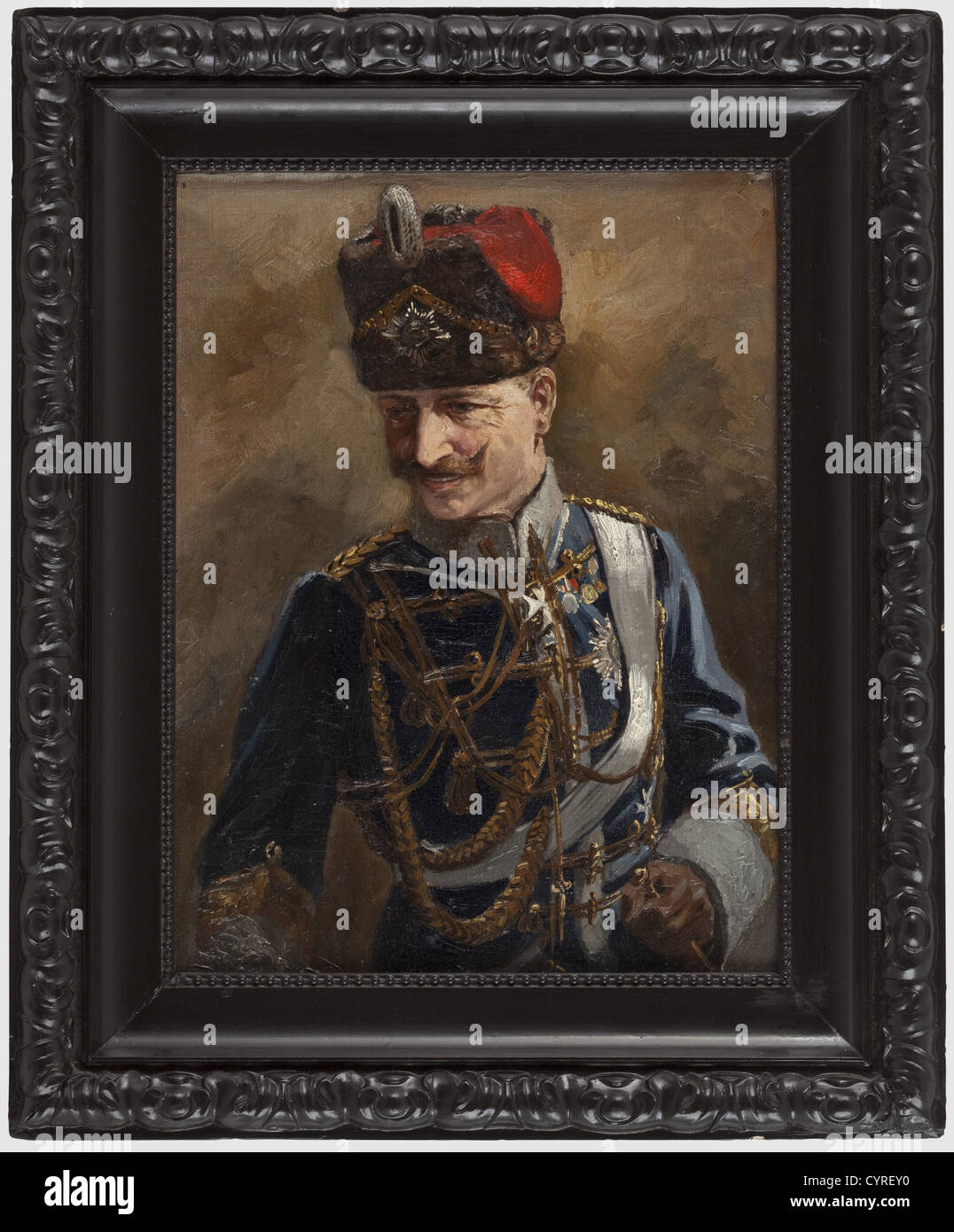 Carl Röhling (1849 - 1922) - ritratto di Kaiser Guglielmo II, olio su tela su cartone. Kaiser Wilhelm II in uniforme (indossando la pelisse) del Reggimento Hussar Lifeguard. Sul lato opposto vecchia scritta d'inchiostro 'Original-Oel Skizze Kaiser Wilhelm II zu dem grossen Oelgemälde 'Einzug der Krefelder Husaren' im Rathaus zu Krefeld. Von Geschichtsmaler Carl Röhling, Berlin-Grunewald, Caspar Theys Str. 9' (Originale schizzo ad olio Kaiser Wilhelm II per il grande dipinto ad olio 'arco dei Krefeld Hussars' nella hall di Krefeld. Del pittore hisorical Carl Röhlin, Foto Stock