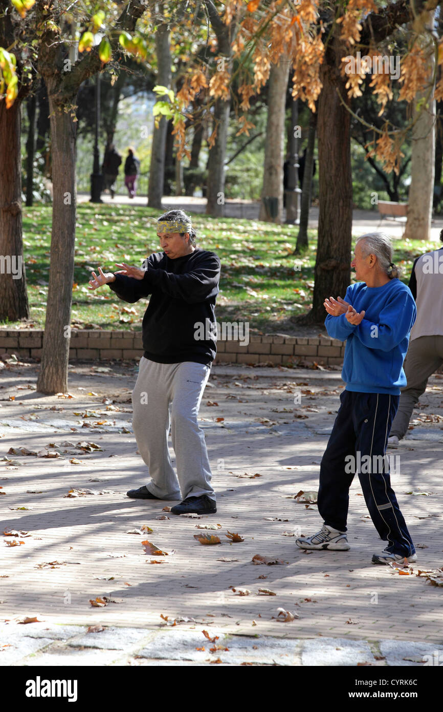 Due uomini pratica Tai Chi nel parco, Madrid, Spagna Espana Foto Stock