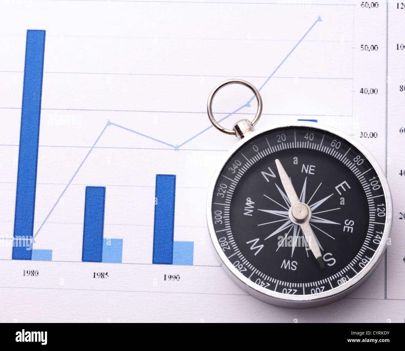 Business concetto di navigazione con la bussola e il diagramma o grafico Foto Stock