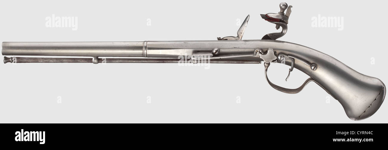 Una pistola di flintlock interamente in metallo tedesco/olandese, circa 1660. Cilindro a due stadi, ottagonale poi rotondo dopo una cintura, con foro liscio in calibro 13 mm. Bloccaggio esterno,molla principale sulla piastra laterale(con una vecchia riparazione),dado e barra di azionamento caricata a molla. L'impugnatura forgiata e appiattita lateralmente,tappo di presa avvitato con bordo tagliato. Bastone di ferro. Lunghezza 46 cm, storico, storico, 17 ° secolo, pistola civile, pistole civili, portatile, pistola, armi da fuoco, armi da fuoco, armi da fuoco, armi, armi, arma, armi, oggetti, fermi, ritaglio, taglio-o, diritti aggiuntivi-clearences-non disponibile Foto Stock Una pistola di flintlock interamente in metallo tedesco/olandese, circa 1660. Cilindro a due stadi, ottagonale poi rotondo dopo una cintura, con foro liscio in calibro 13 mm. Bloccaggio esterno,molla principale sulla piastra laterale(con una vecchia riparazione),dado e barra di azionamento caricata a molla. L'impugnatura forgiata e appiattita lateralmente,tappo di presa avvitato con bordo tagliato. Bastone di ferro. Lunghezza 46 cm, storico, storico, 17 ° secolo, pistola civile, pistole civili, portatile, pistola, armi da fuoco, armi da fuoco, armi da fuoco, armi, armi, arma, armi, oggetti, fermi, ritaglio, taglio-o, diritti aggiuntivi-clearences-non disponibile Foto Stock