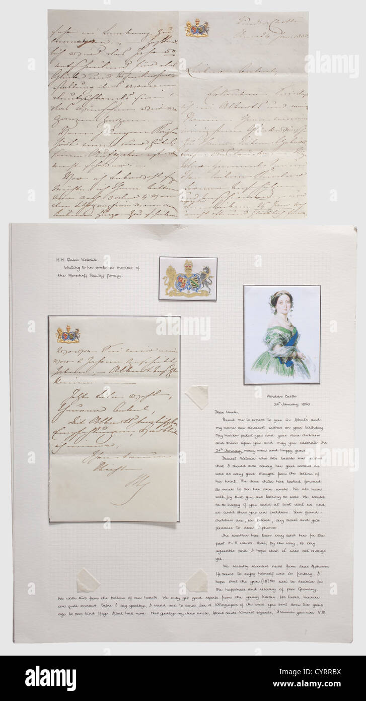 Regina Vittoria di Gran Bretagna (1819-1901), una lettera manoscritta in  tedesco datata 24 gennaio 1850 UNA lettera della Regina Vittoria dalla Casa  di Hannover al suo zio materno Emanuel Graf von Mensdorff-Pouilly (