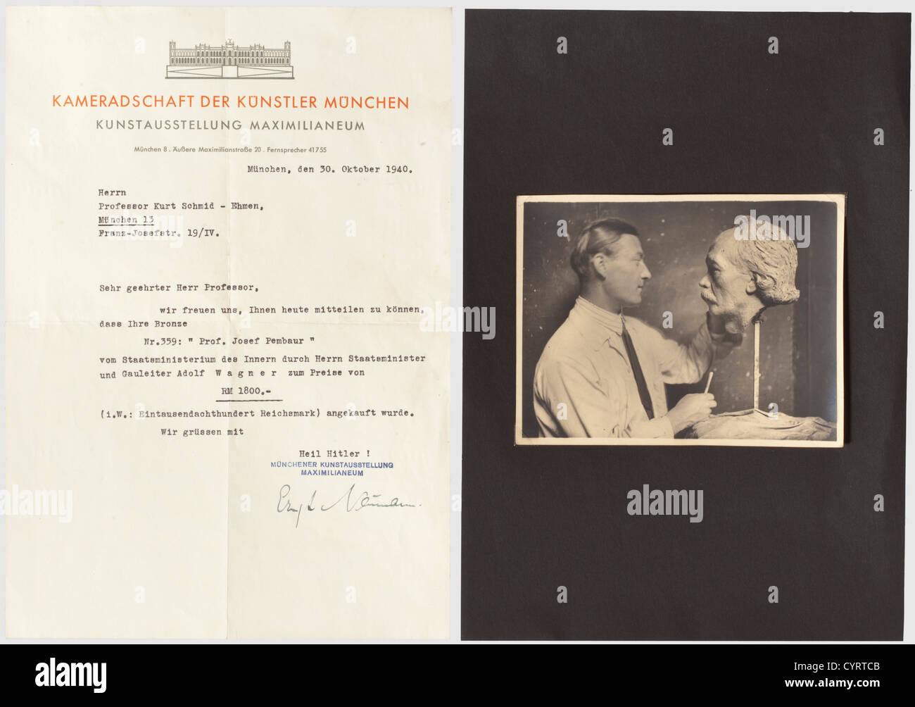 Professore Kurt Schmid-Ehmen (1901 - 1968), busto in bronzo del pianista e compositore Josef Pembaur (1875-1950) testa in bronzo scuro con fronte alta e delicate caratteristiche facciali, firmato 'Sch. E.', montato su un plinto di pietra grigio, vividamente strutturato, altezza complessiva 38 cm. Anche una targa ritratto in bronzo di Pembaur con la firma di Schmid-Ehmen e l'iscrizione 'Dresden Aprile-mai 1931', diametro 11,5 cm. Con una lettera ufficiale di acquisto per un ritratto Pembaur busto dal 30th ottobre 1940 da Gauleiter Adolf Wagner, una foto b/n del busto e una foto b/n showi, Foto Stock
