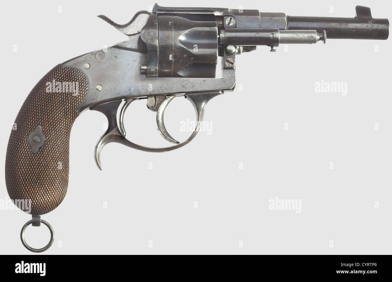 Officerïs Reichsrevolver Dreyse Mod.1883 con doppio grilletto ed espulsore,cal.10.6 mm,no.1268.numeri corrispondenti.foro luminoso.contrassegno di fornitura corona/'V'.doppio grilletto,poggiadita centrale su grilletto.sul lato destro del telaio estrattore numerato di fabbrica contrassegnato con 'brevetto'.Produttore su piastra di bloccaggio interna ovale 'F.v.Dreyse Soemmerda'.utilizzo originale con grilletto e finitura nera, principalmente con grilletto lucidato e grilletto, utilizzo con grilletto con finitura blu e grilletto Spotted.Cylinder con poche ammaccature su due comparts.Hammer e grills lucidato bianco.impeccabile, Additional-Rights-Clearences-non disponibile Foto Stock