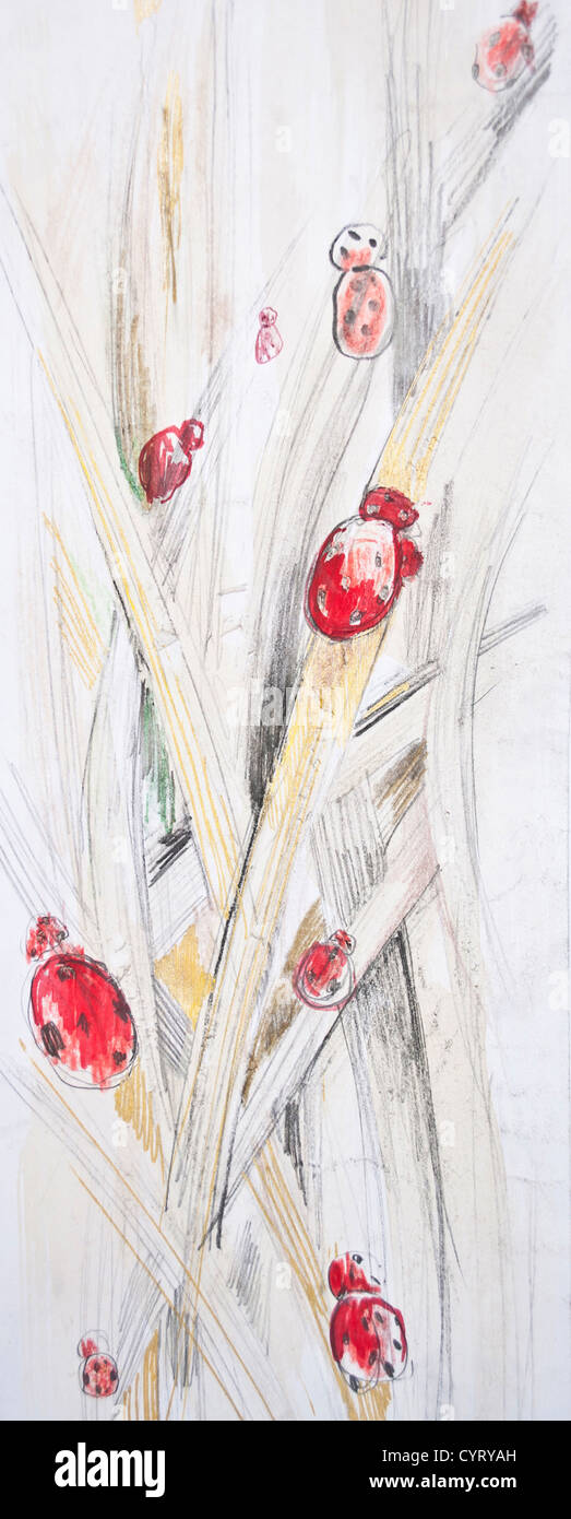 Abstract floral background verniciato con ladybugs Foto Stock