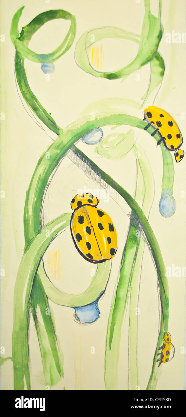 Floral background verniciato con ladybugs Foto Stock