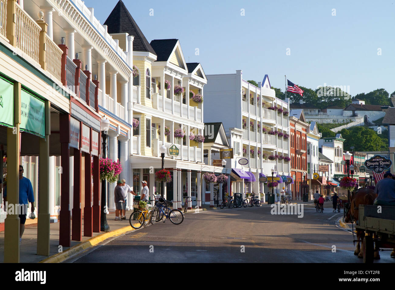 Market Street edifici sull isola di Mackinac situato nel Lago Huron, Michigan, Stati Uniti d'America. Foto Stock