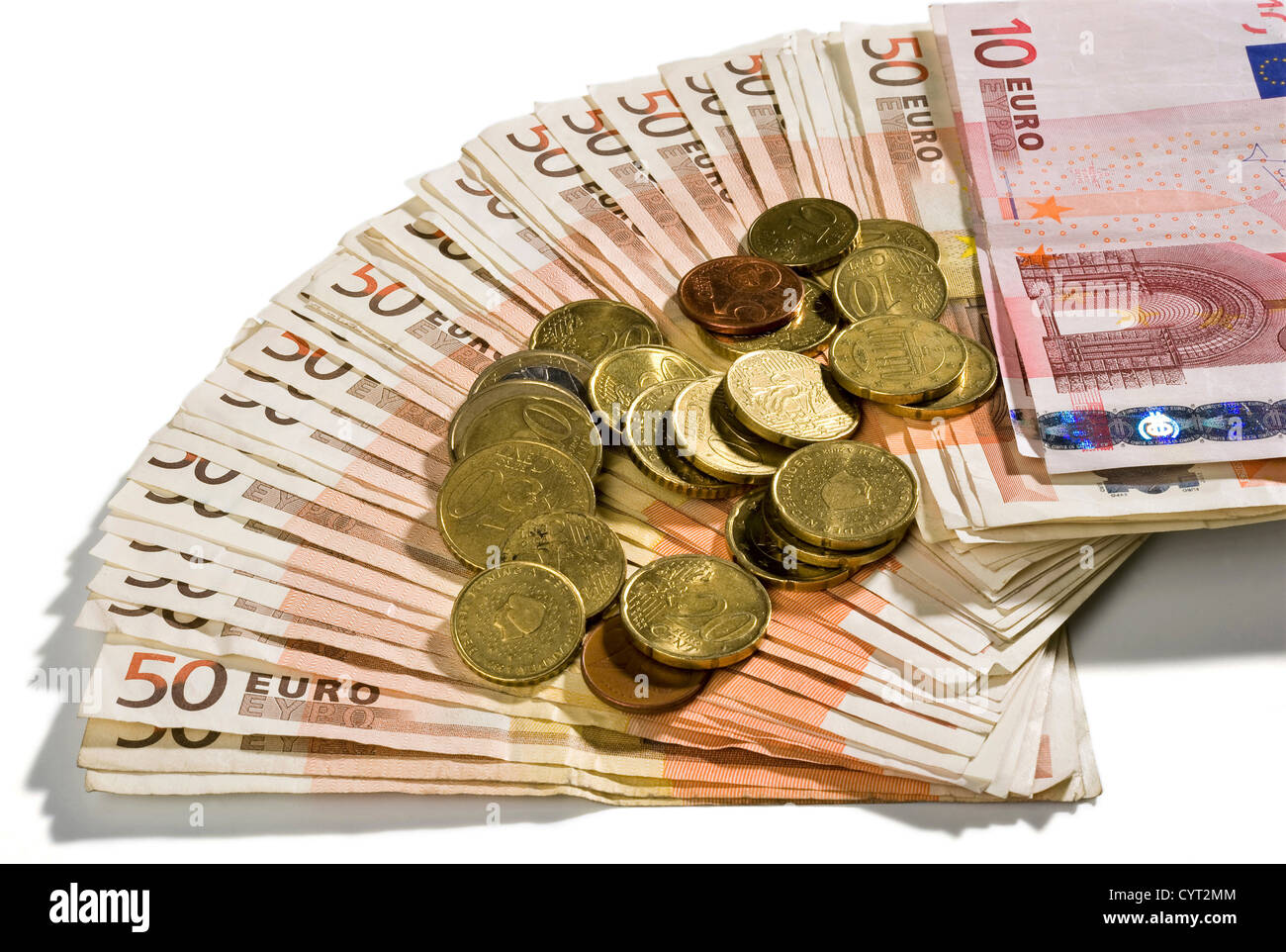 Papermoney euro e monete Foto Stock