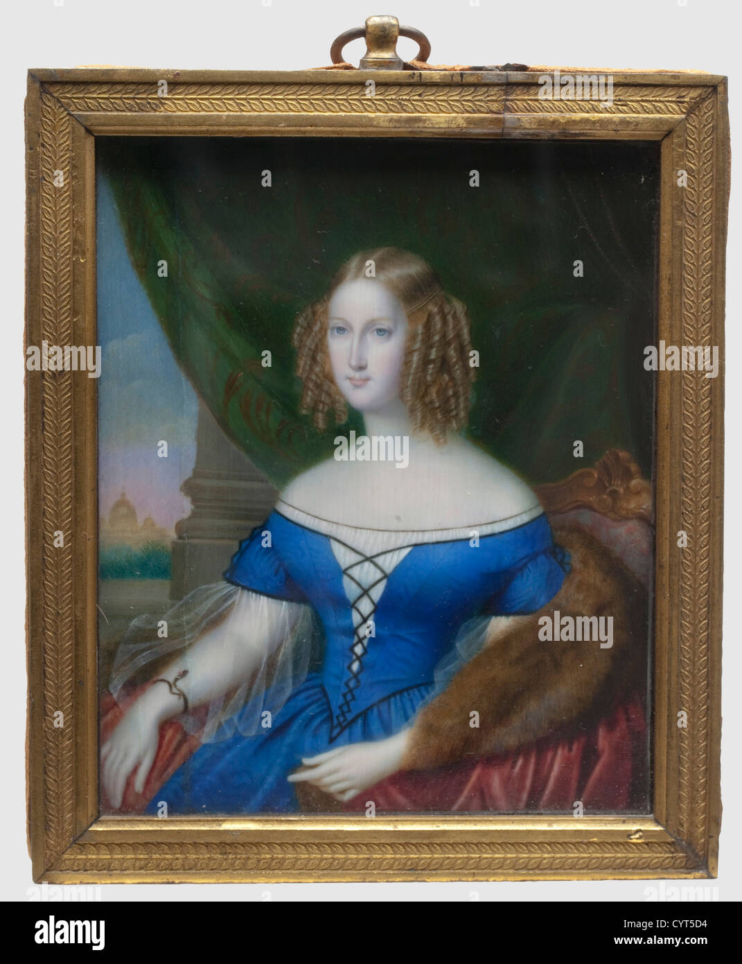 Maria Nikolaevna Grande Duchessa di Russia(1819 - 1876),di Enrica Fioroni-Narducci(1806 - 1892)Gouache e acquerello su avorio.Rome,1838-1843.la giovane granduchessa seduta su una sedia con la Basilica di San Pietro in Roma sullo sfondo.firmato sulla destra sullo schienale 'Enrichella Narducci'.aria in bella cornice in ottone placcato oro Nikajna(la scritta "Mintarsio") ZAR N I.Tochter,Fürstin von Leuchtenberg' sul retro.con telaio 15 x 13 cm.ottima qualità.danneggiato a sinistra.Enrica Fioroni-Narducci,nato nel 1806 a Santa FiO,Additional-Rights-Clearences-Not Available Foto Stock