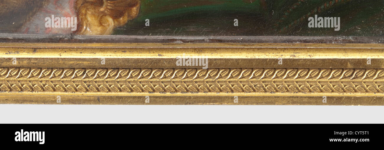 Maria Nikolaevna Grande Duchessa di Russia(1819 - 1876),di Enrica Fioroni-Narducci(1806 - 1892)Gouache e acquerello su avorio.Rome,1838-1843.la giovane granduchessa seduta su una sedia con la Basilica di San Pietro in Roma sullo sfondo.firmato sulla destra sullo schienale 'Enrichella Narducci'.aria in bella cornice in ottone placcato oro Nikajna(la scritta "Mintarsio") ZAR N I.Tochter,Fürstin von Leuchtenberg' sul retro.con telaio 15 x 13 cm.ottima qualità.danneggiato a sinistra.Enrica Fioroni-Narducci,nato nel 1806 a Santa FiO,Additional-Rights-Clearences-Not Available Foto Stock