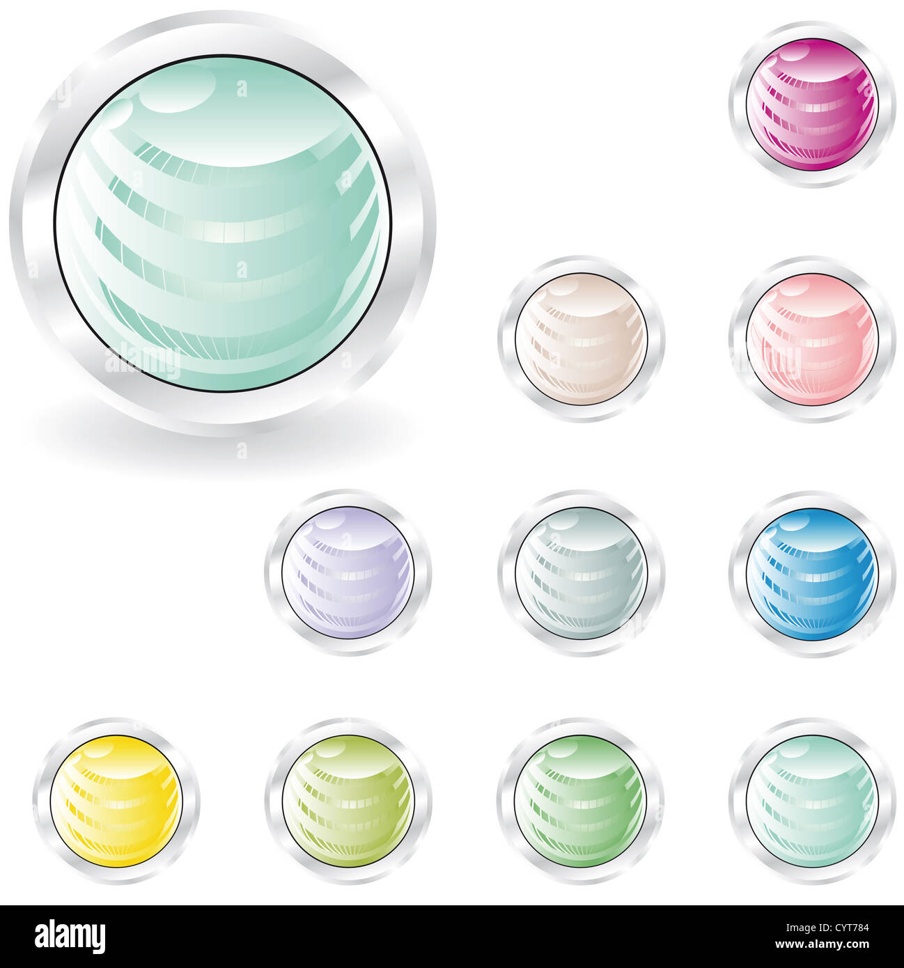 Pulsanti web in tonalità pastello con sfera all'interno in metallo e anello di ricerca Foto Stock