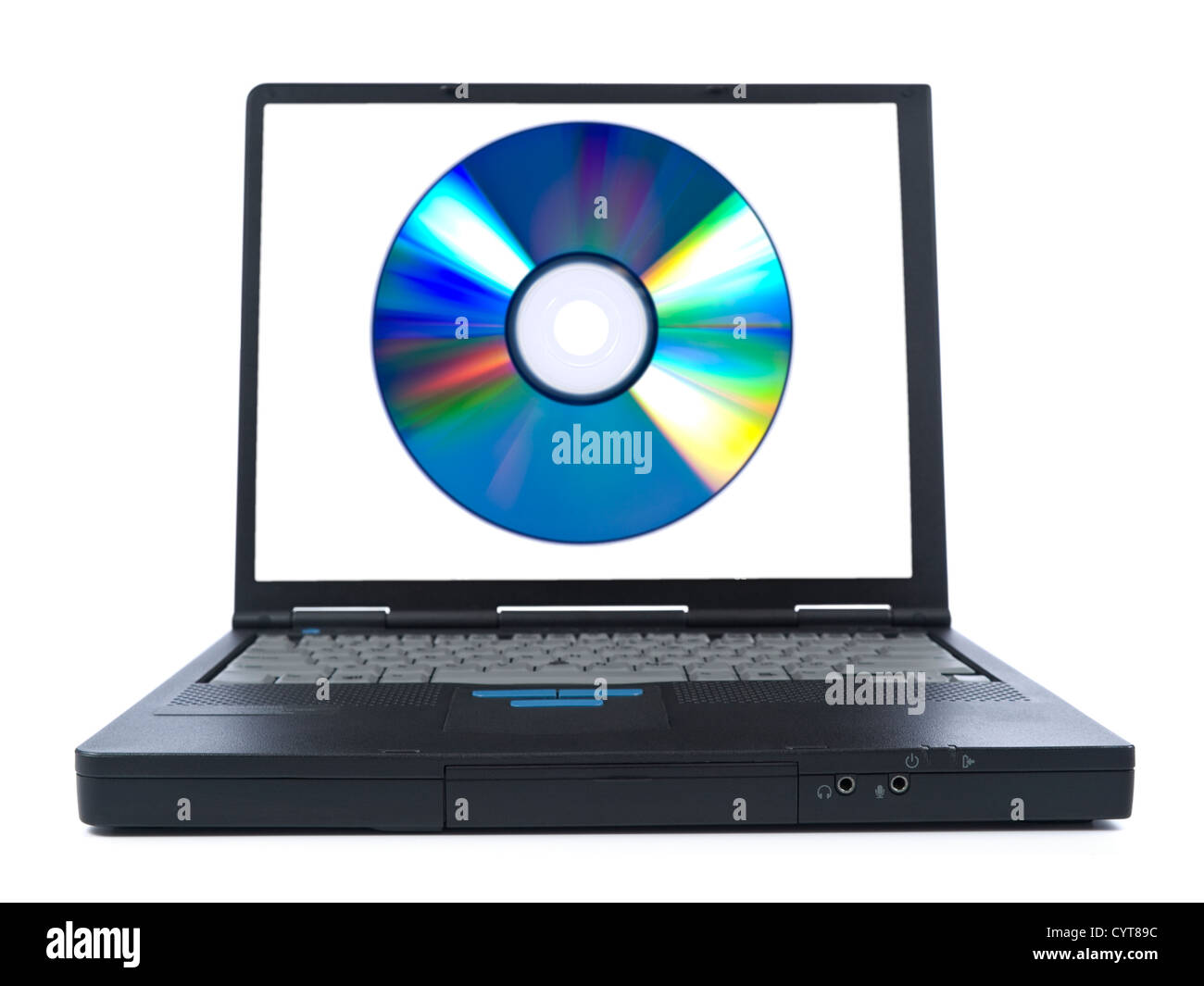 Computer portatile mostra un disco digitale sul suo schermo. Isolato su bianco. Foto Stock