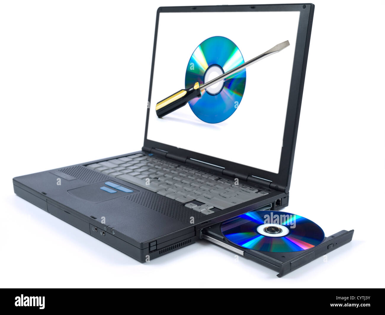 Nero isolato portatile con un DVD nel vassoio e un supporto tecnico icona sullo schermo. Foto Stock