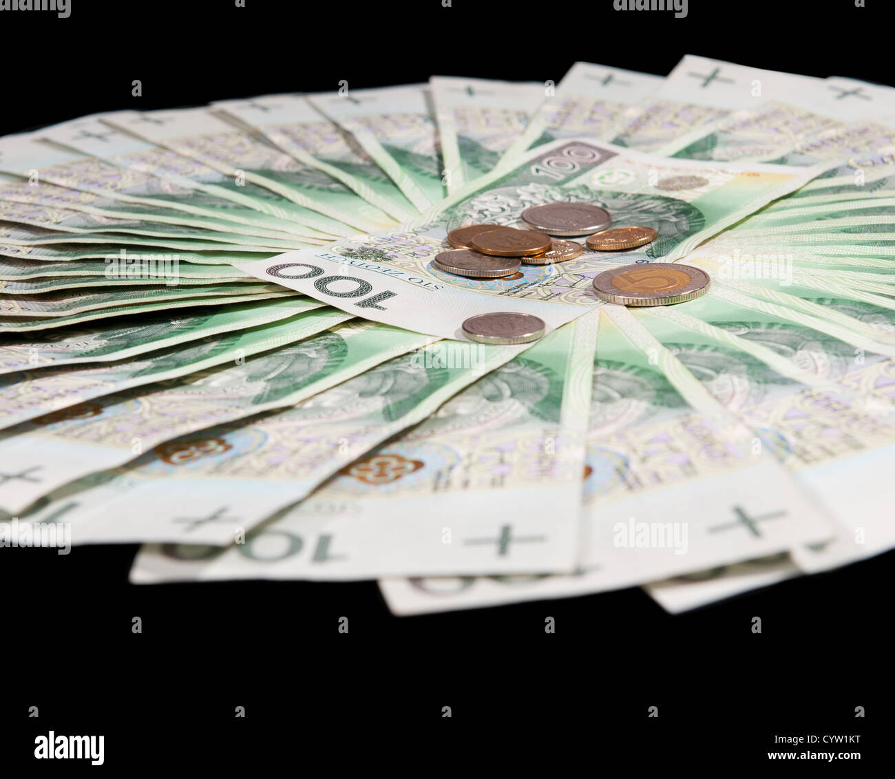 Fan di centinaia di zloty polacco delle banconote e delle monete in euro Foto Stock