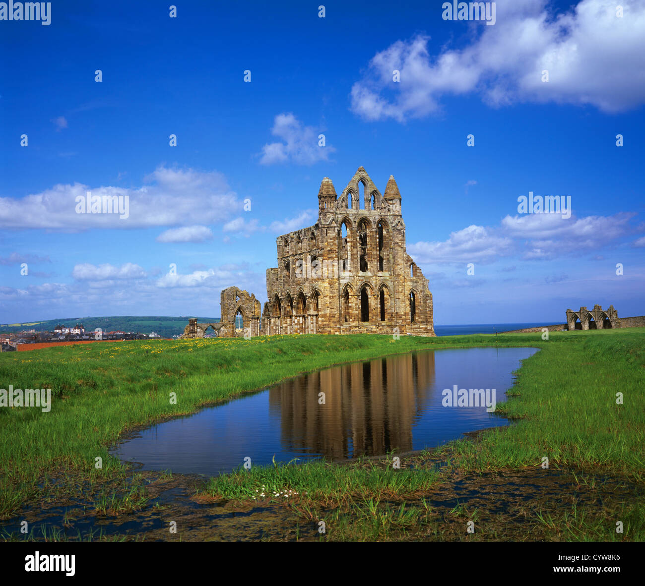 Whitby Abbey fondata nel 657 da st hilda Whitby North Yorkshire Regno Unito Foto Stock