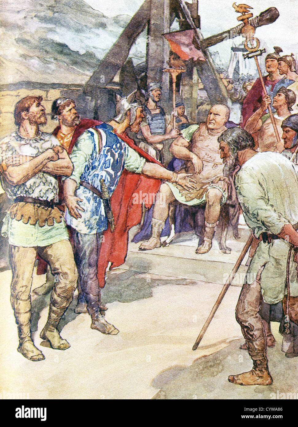 Leader romano Marius (seduto), riceve gli ambasciatori dei Cimbri e mostra in cattività leader dell'Teutones . Foto Stock