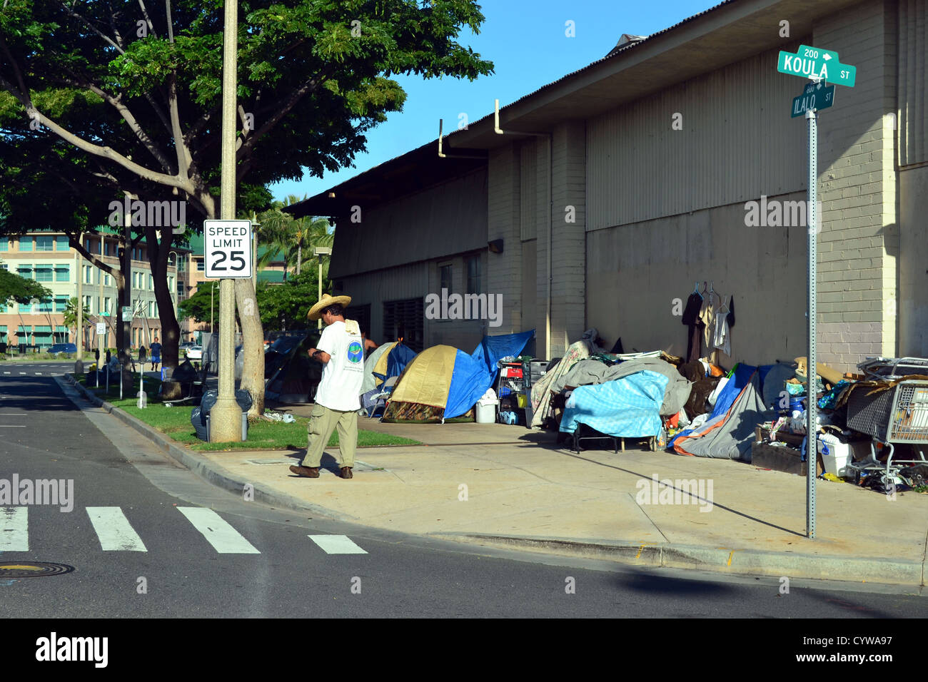 Senzatetto tende sul quartiere Kakaako, Honolulu, Hawaii, STATI UNITI D'AMERICA Foto Stock