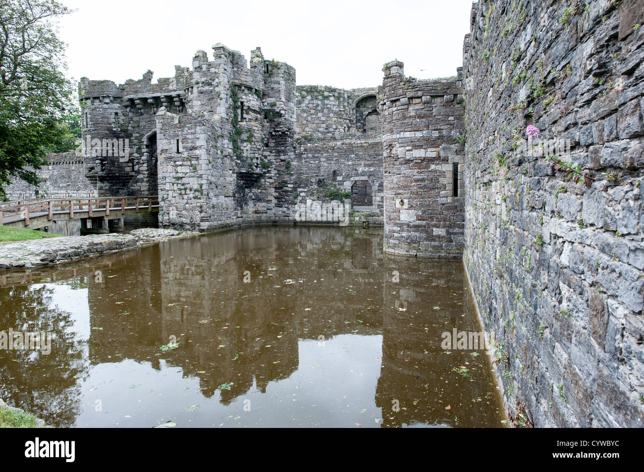 BEAUMARIS, Galles - il fossato e la porta del castello di Beaumaris sull'isola di Anglesey della costa settentrionale del Galles, Regno Unito. Il castello risale al 13th ° secolo ed è uno dei numerosi commissionati da Edoardo I. La pittoresca cittadina costiera di Beaumaris, situata sull'isola di Anglesey, in Galles, offre ai visitatori uno sguardo alla ricca storia della zona, con il suo castello medievale, l'architettura vittoriana e il panoramico lungomare. Il Beaumaris è stato dichiarato patrimonio dell'umanità dall'UNESCO e continua a affascinare i viaggiatori con i suoi monumenti ben conservati e le sue splendide bellezze naturali. Foto Stock