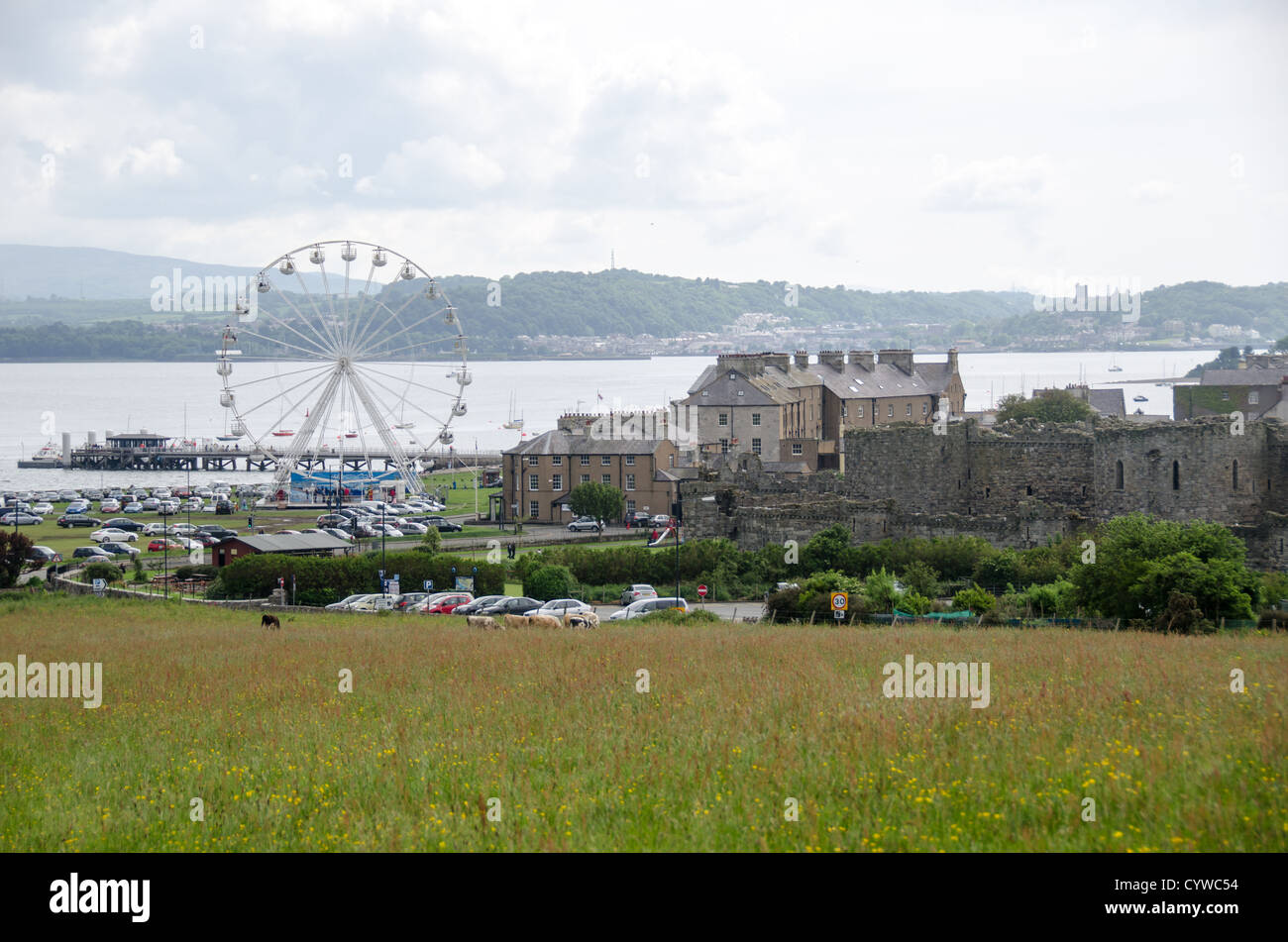 BEAUMARIS, Galles — Una ruota panoramica si erge in modo prominente tra i tetti di Beaumaris sull'isola di Anglesey. La città costiera si trova lungo lo stretto di Menai, il corpo d'acqua che separa Anglesey dal Galles continentale. Beaumaris, situata sulla costa sud-orientale dell'isola, è conosciuta per il suo castello del XIII secolo costruito da Edoardo i durante la sua conquista del Galles. La città è una destinazione popolare su Anglesey, la più grande isola del Galles. Lo stretto di Menai, visibile oltre la città, è una stretta via d'acqua che ha storicamente fornito importanza strategica alla regione. Foto Stock