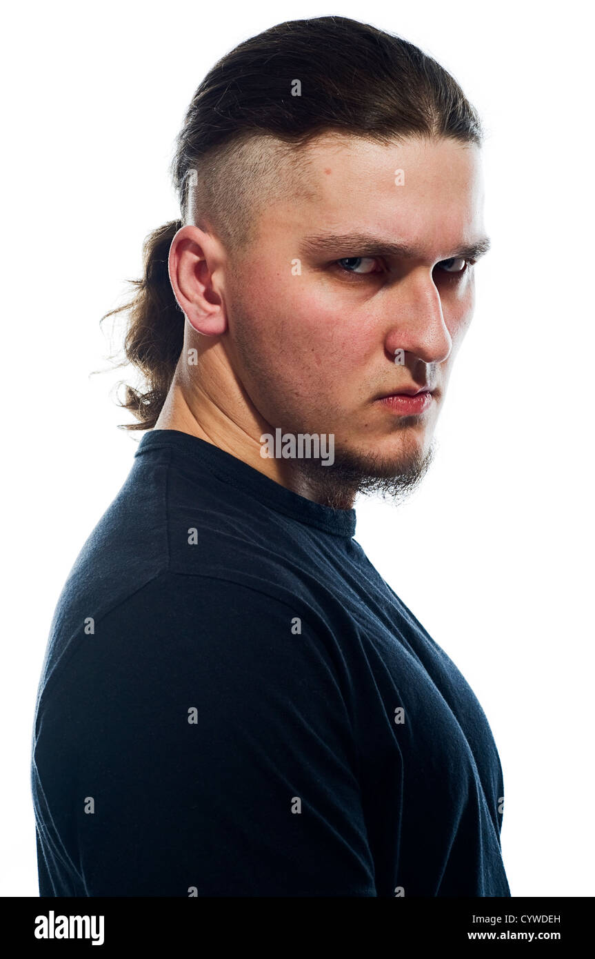 Membro della band death metal ritratto in studio white Foto Stock