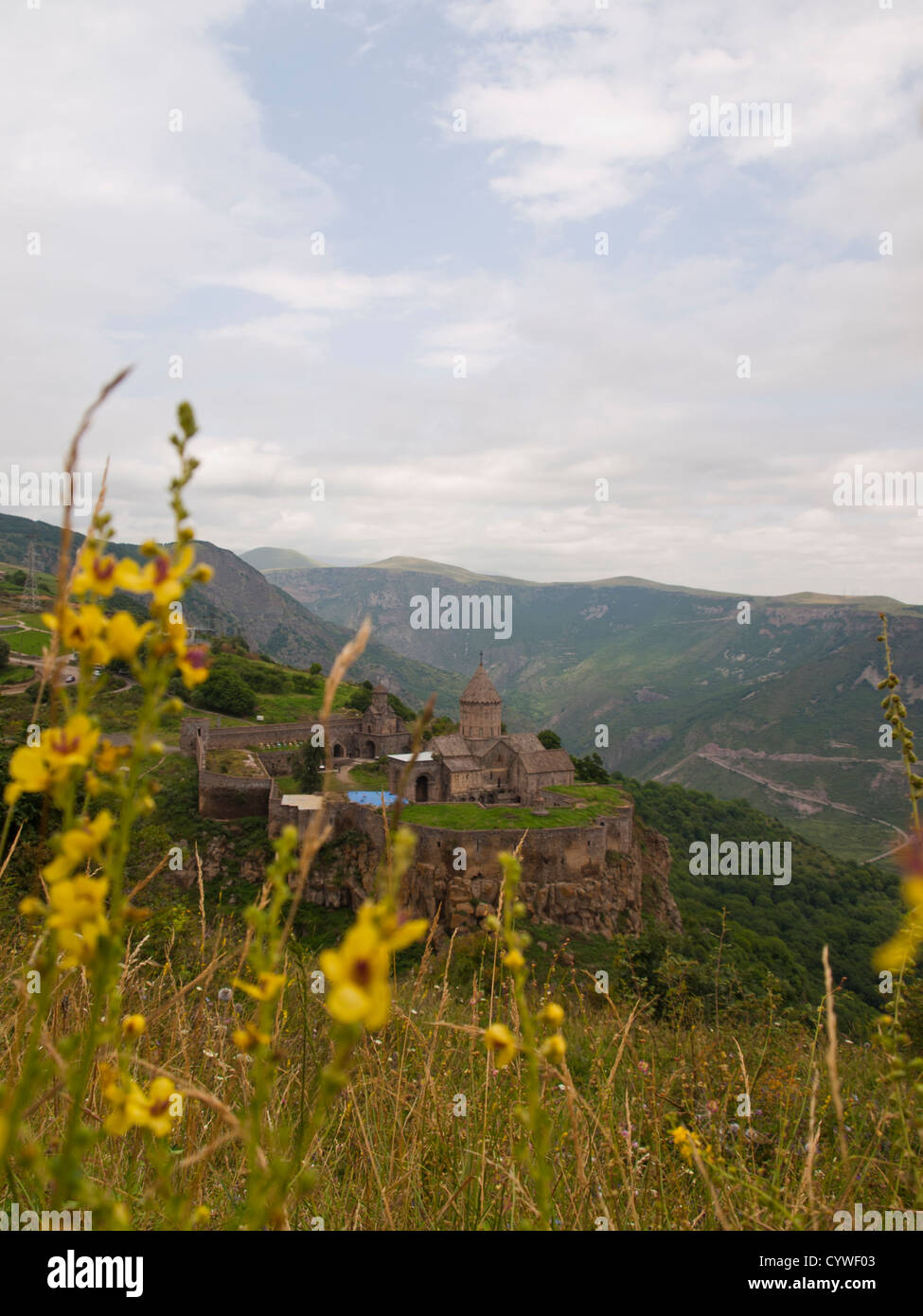 Monastero di Tatev dietro i fiori Foto Stock