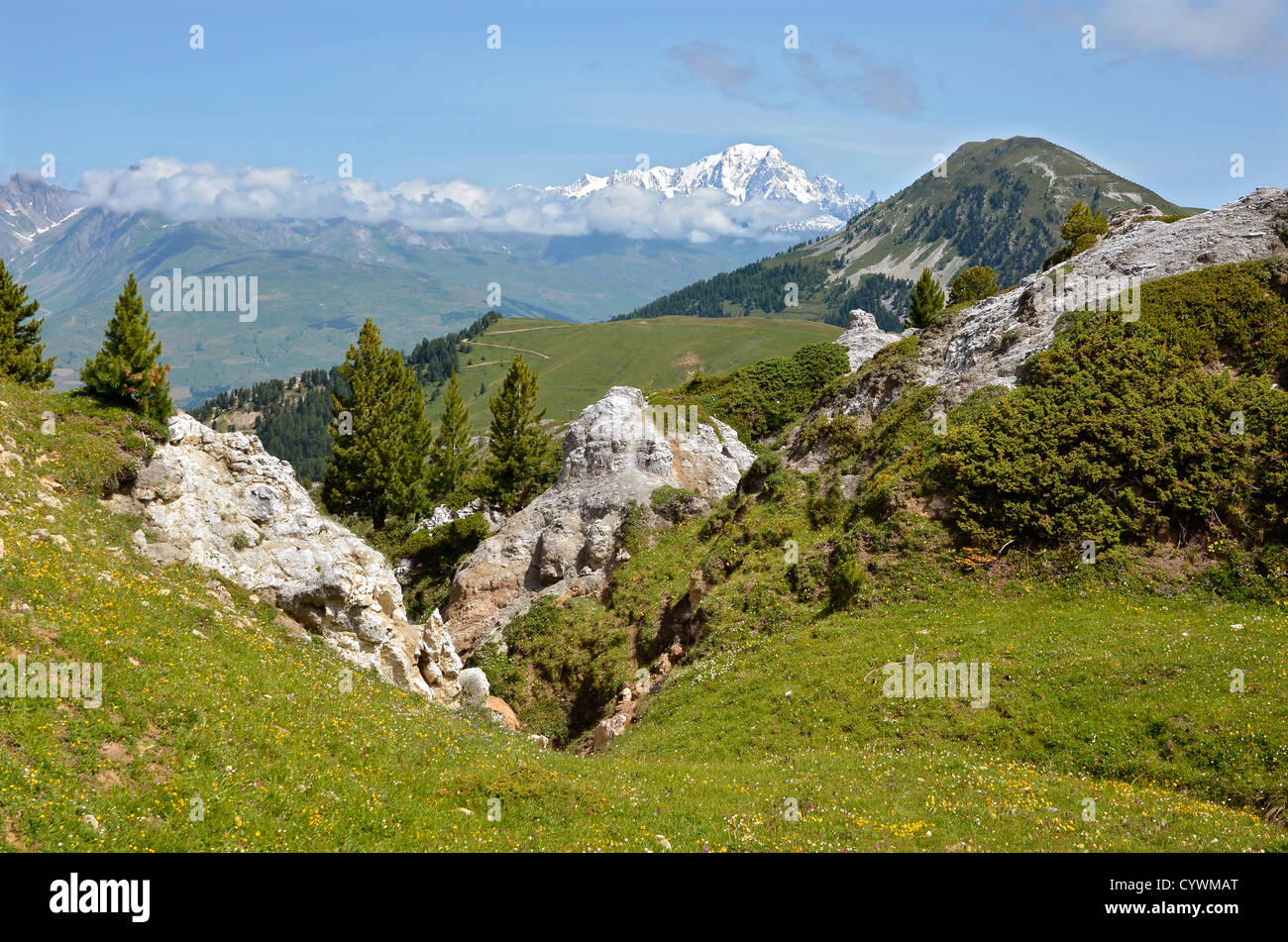 Montagna nelle Alpi francesi e nevoso Mont Blanc massiccio in background a La Plagne, comune nella Valle Tarentaise,Savoie Foto Stock