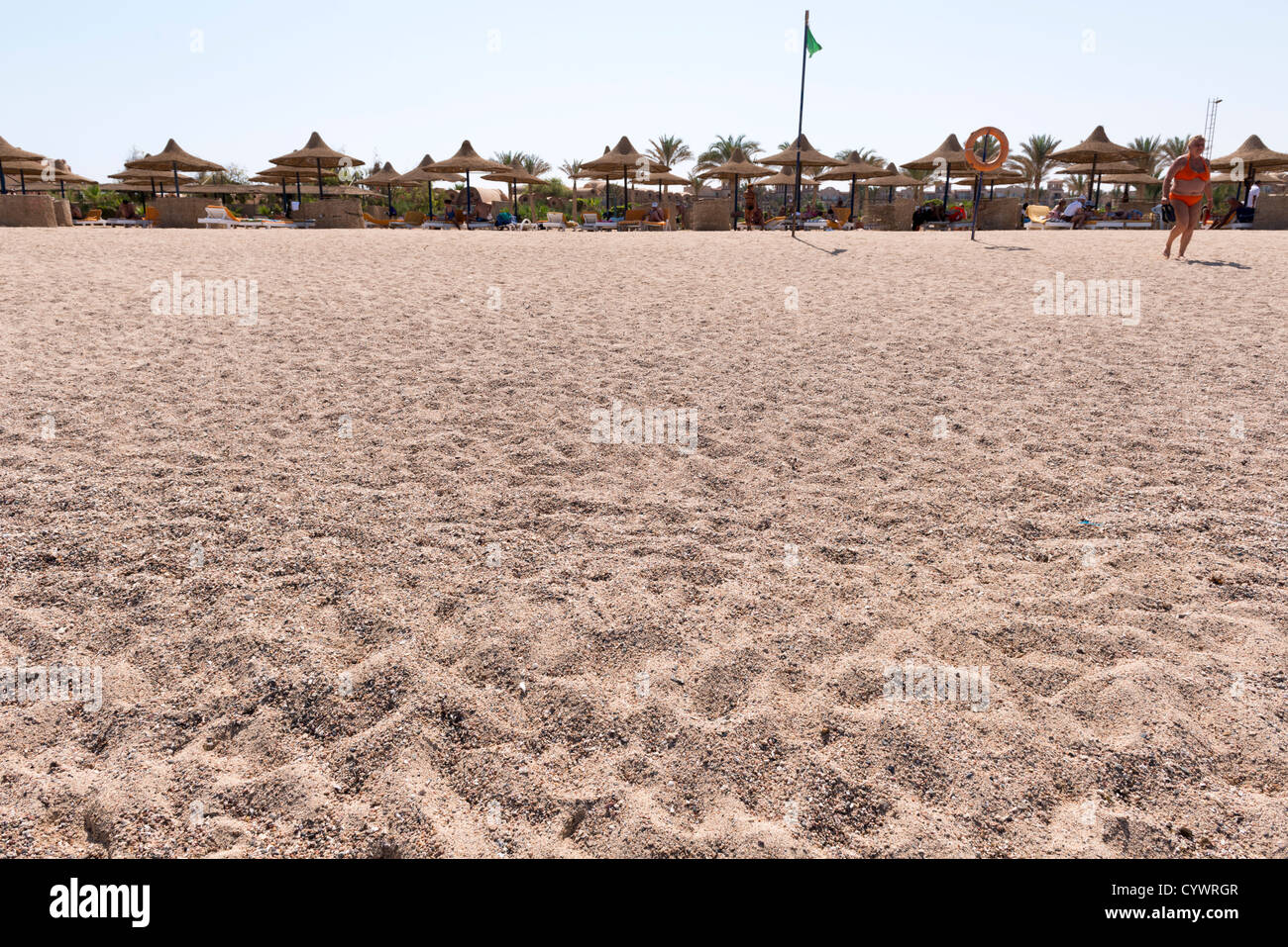Egitto Spiaggia Ombrello verde sabbia bandiera di persone in Africa Foto Stock
