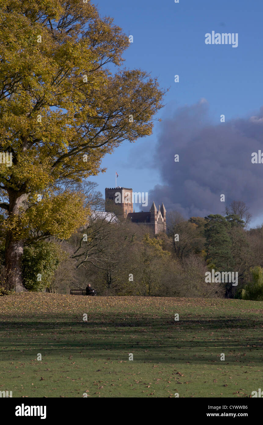 St Albans, Regno Unito. 11 Novembre, 2012. Denso fumo nero risies da dietro di St Albans Cathedral. Vista da Verulamium Park, St. Albans. Un incendio scoppiato intorno a 12.20pm di oggi, Domenica 11 Novembre, 2012, Glinwell il vivaio, Hatfield Road, Smallford. Il Glinwell locali vi sono il suo centro di distribuzione per la loro frutta & verdura commercio all'ingrosso. Apparentemente migliaia di pallet in legno e i contenitori in plastica vengono memorizzati in corrispondenza del sito. Da 12.40pm uno spesso nero pennacchio di fumo era salito a centinaia di metri di distanza in aria. Foto Stock