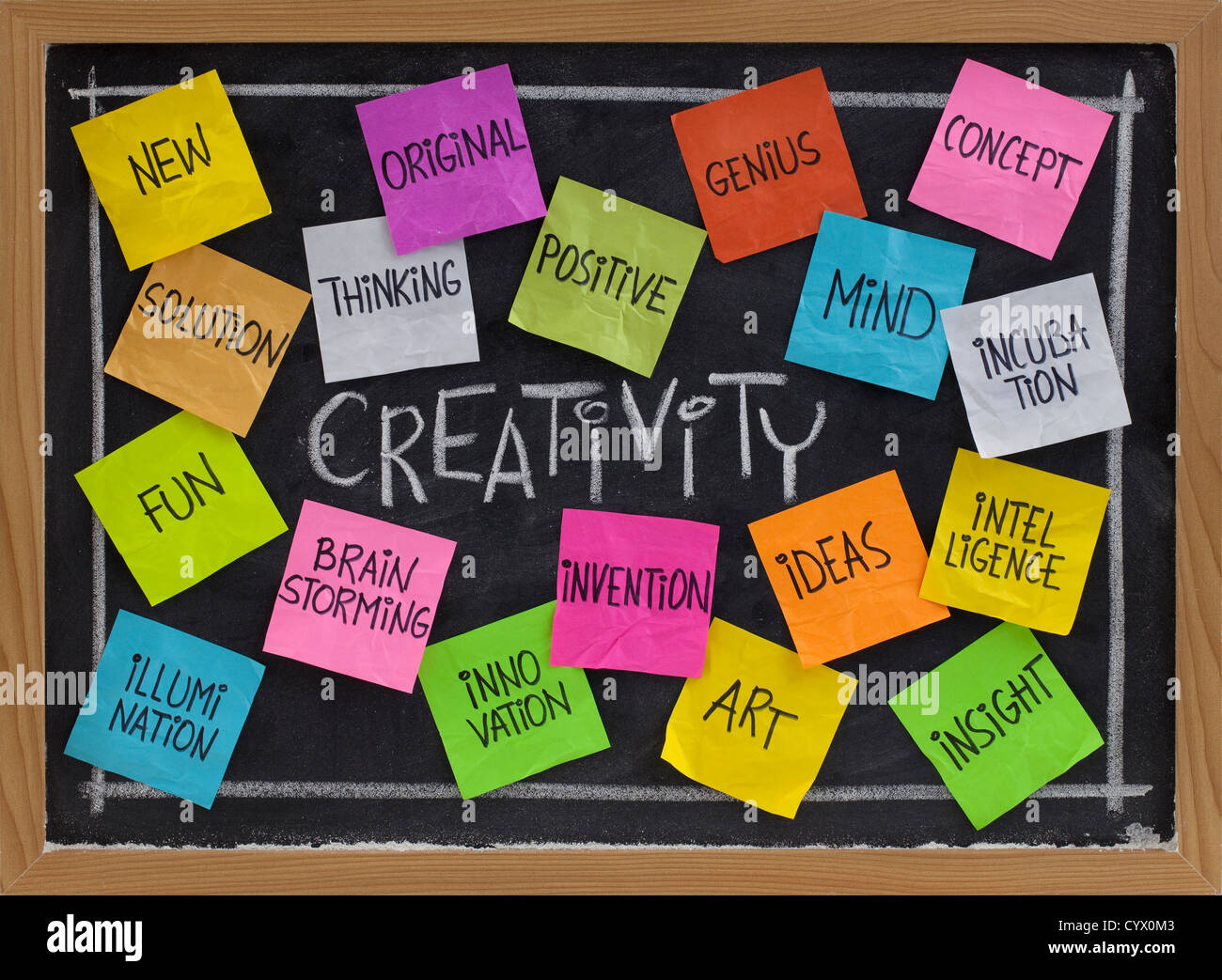 Il concetto di creatività - correlati nuvola di parole, colore sticky notes e gesso bianco sulla scrittura di Blackboard Foto Stock