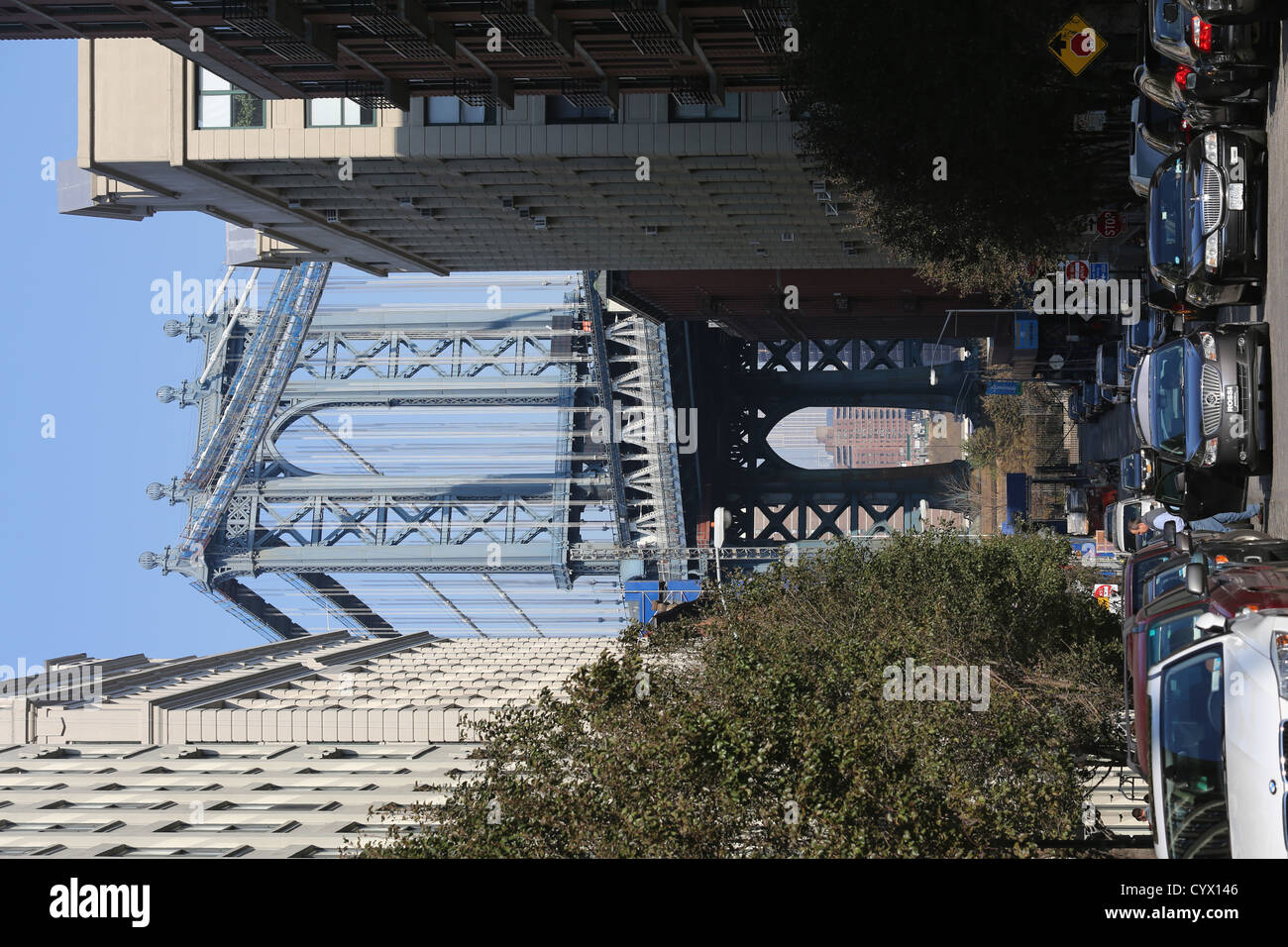 Dumbo, acronimo di verso il basso al di sotto del ponte di Manhattan cavalcavia quartiere di New York City borough di Brooklyn Foto Stock
