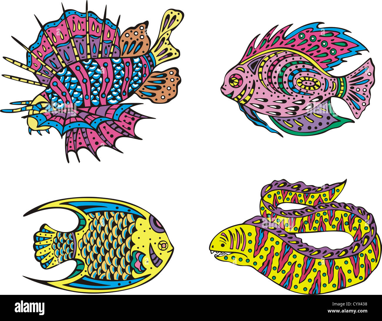 Stilizzata motley pesci. Impostare il colore di illustrazioni vettoriali. Foto Stock