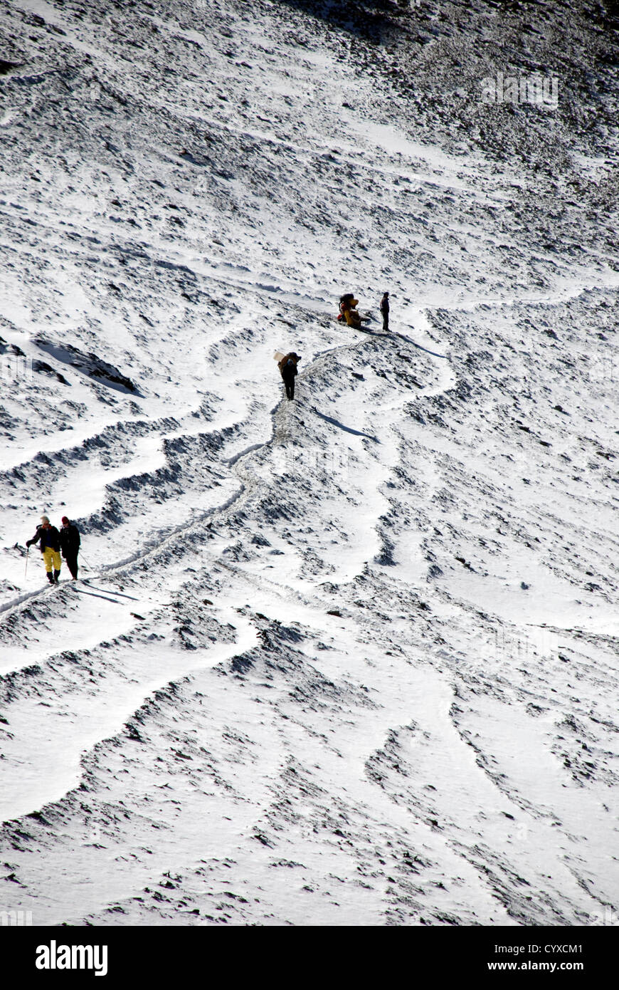 Un gruppo di trekking attraversa la coperta di neve Kang La pass nel Dolpo interna regione del Nepal occidentale Foto Stock