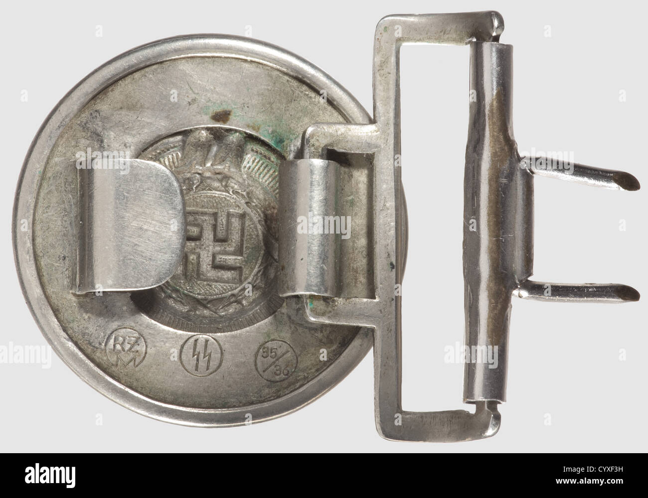 Una fibbia per cintura, per i capi delle fibbie Allgemeine-SS e  SS-Verfügungstruppe Early nichel Silver con stampigliatura inversa "RZM",  "S" e "35/36". Indiscutibilmente originale, realizzato da Overhoff nel  1935. Fibbie cintura in