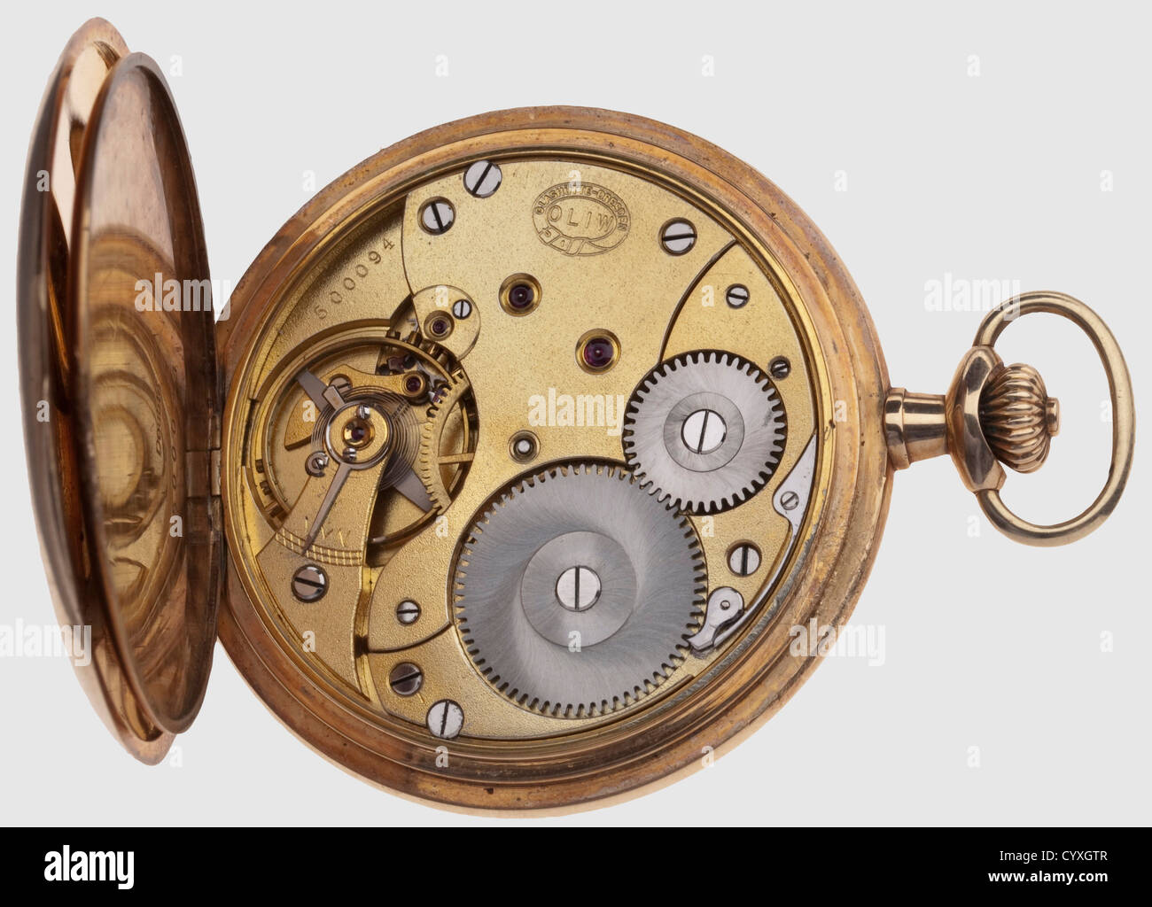 Adolf Hitler, orologio da tasca regalo d'oro di Elsa Bruckmann, Natale 1929  Maker 'Deutsche Uhrenfabrikation Olew Glashütte i./sa'. L'alloggiamento in  oro con incisione fine ondulata e monogramma interlacciato 'AH', il  coperchio anteriore