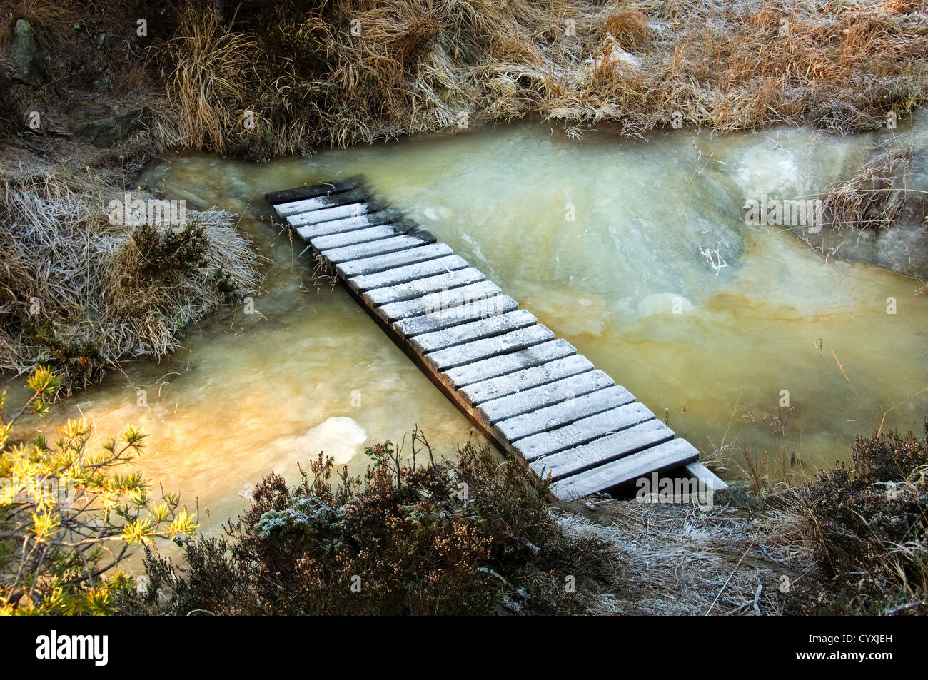 Un ponte di legno su un flusso di ghiaccio Foto Stock